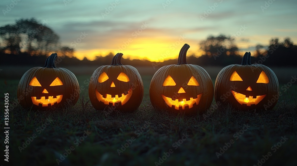 A Halloween pumpkin patch with carved jack-o'-lanterns. A Halloween pumpkin patch with carved jack-o'-lanterns.