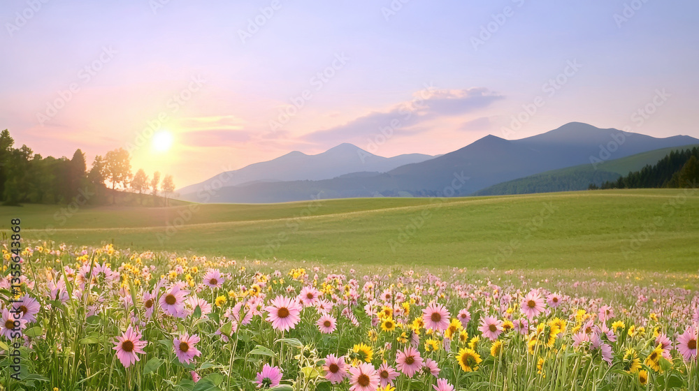 Obraz premium beautiful landscape featuring vibrant field of flowers under soft sunrise, with mountains in background