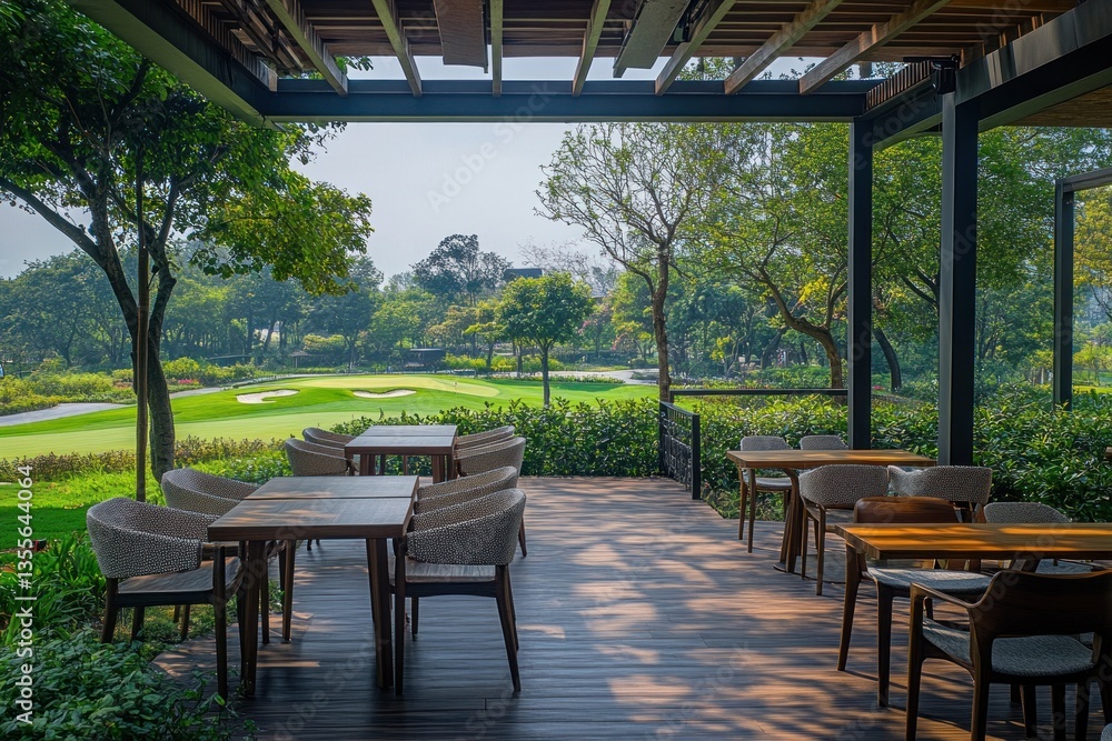 Obraz premium Outdoor patio cafe with golf course view