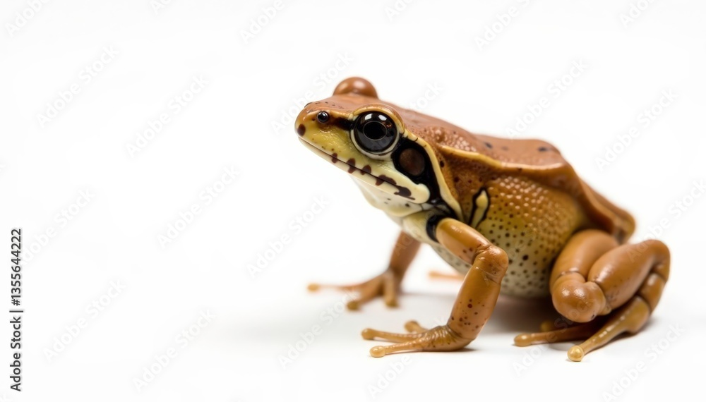 Fototapeta premium Single, speckled brown frog against white backdrop, herpetology, earthy
