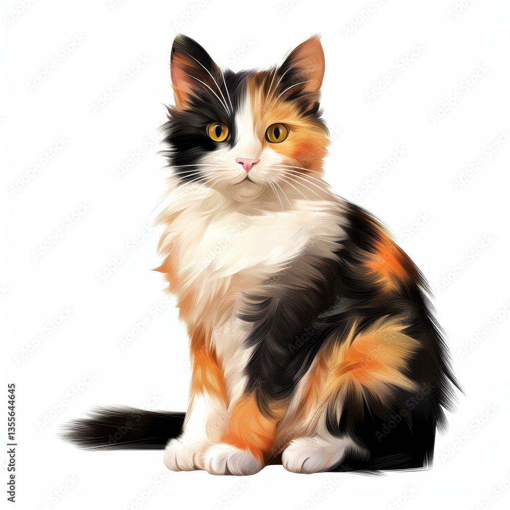 This charming calico cat showcases a vibrant blend of orange, black, and white fur against a clean white backdrop. This charming calico cat showcases a vibrant blend of orange, black, and white fur against a clean white backdrop.