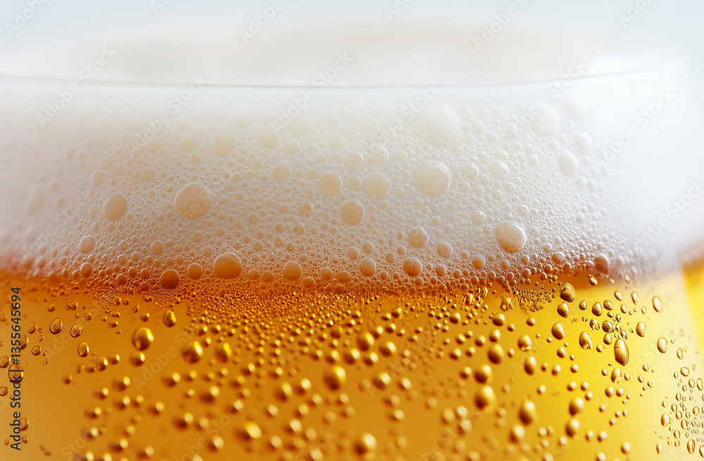 Close-up of golden beer with thick foamy head against a white background Close-up of golden beer with thick foamy head against a white background