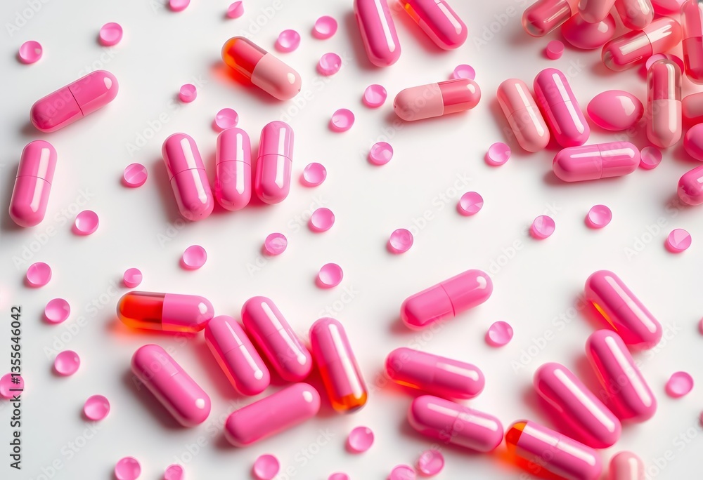 Pink pills and capsules scattered on a light background Close-up view, bright, closeup Pink pills and capsules scattered on a light background Close-up view, bright, closeup