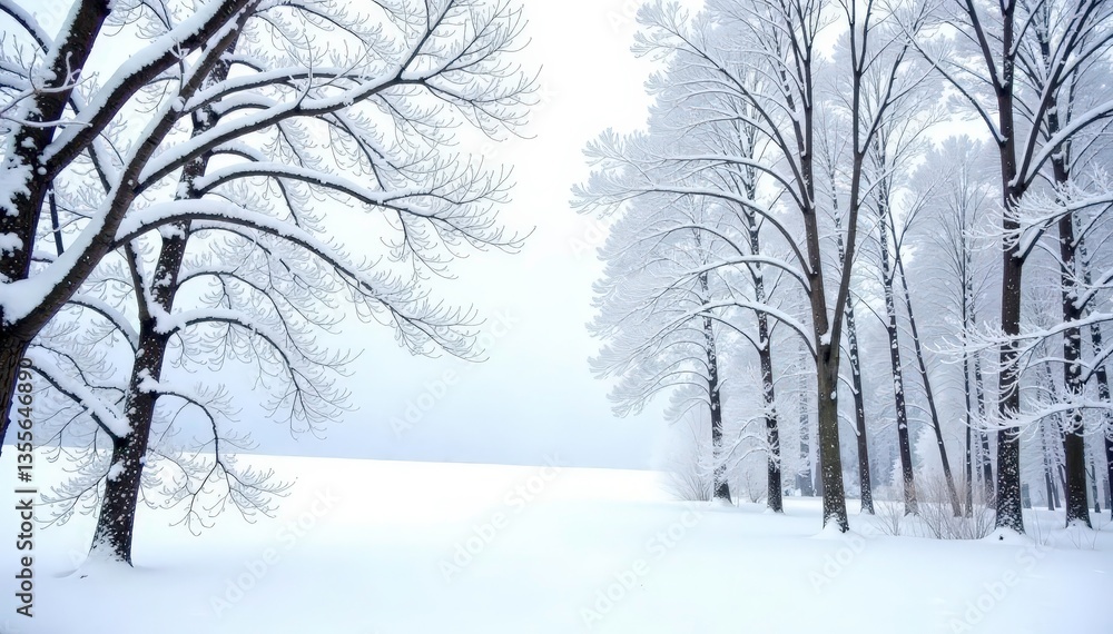 Naklejka premium Snowy branches with bare winter trees isolated on white background, solitude, winter