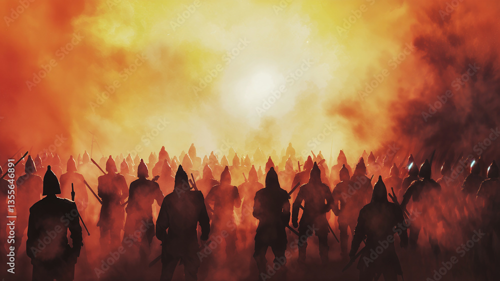 Fototapeta premium Warriors Marching Through Misty Battlefield at Dusk
