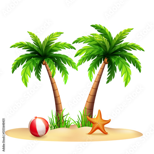 A serene beach setting featuring two tall palm trees with lush green leaves, a colorful beach ball resting on the sand, and a vibrant starfish nearby, surrounded by patches of green grass.