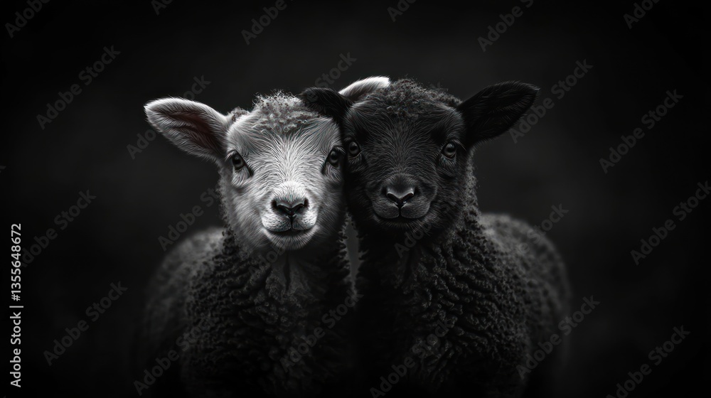 Obraz premium Yin and Yang Lambs: A Monochromatic Portrait of Contrast