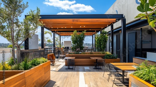 Outdoor rooftop patio with wooden decking, pergola, tables, chairs, and greenery