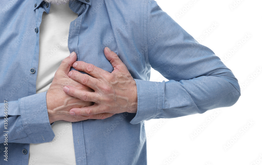 Fototapeta premium Heart attack. Senior man suffering from pain in chest on white background, closeup