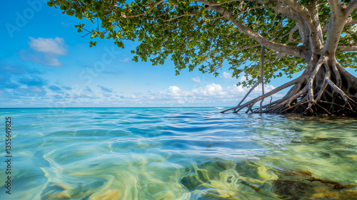 Tranquil Ocean View with Majestic Tree and Clouds