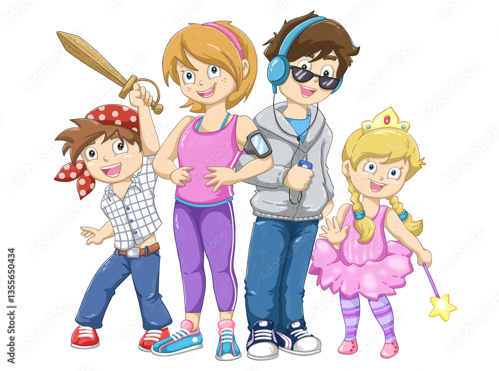 Ilustración fondo blanco de dos adolescentes y dos niños con sus gustos y hobbies. Ilustración fondo blanco de dos adolescentes y dos niños con sus gustos y hobbies.