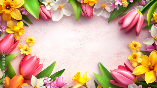 Wallpaper Mural A spring-inspired floral border frame with tulips, daffodils, and cherry blossoms on a white background Torontodigital.ca