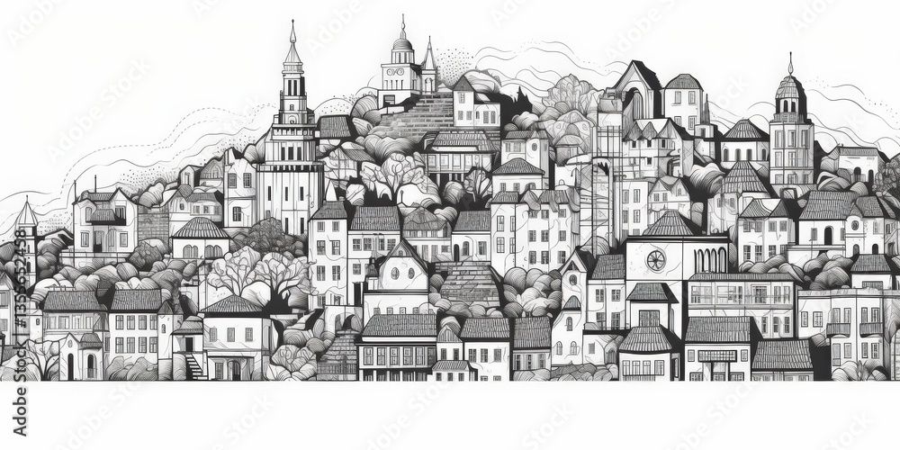 Obraz premium Hand-drawn Townscape Buildings cascade up hill, detailed black and white illustration, trees interspersed, sky background
