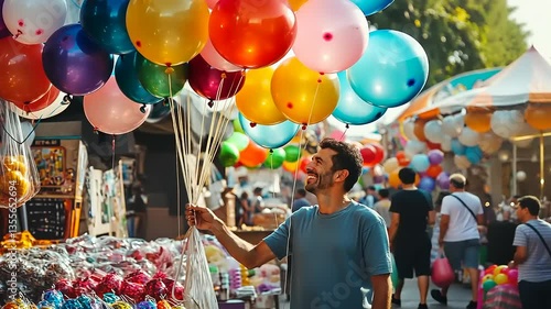 Man at a vibrant market holding colorful balloons amidst a festive atmosphere