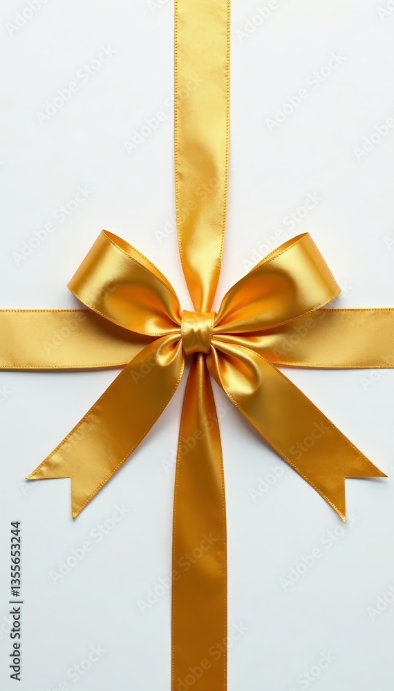 Shimmering gold ribbons tied in bow on blank white surface, festive, metallic, celebration Shimmering gold ribbons tied in bow on blank white surface, festive, metallic, celebration