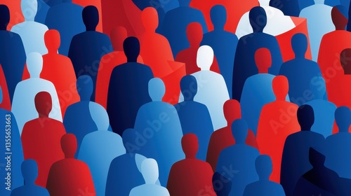 Crowd Many people silhouettes in red, white, and blue color. Abstract, anonymous figures. Background seamless pattern