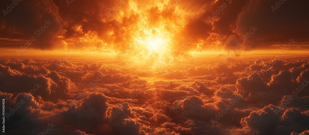 Fiery sunset over a sea of clouds. Warm oranges and reds dominate the sky, creating a dramatic and breathtaking view. Fiery sunset over a sea of clouds. Warm oranges and reds dominate the sky, creating a dramatic and breathtaking view.