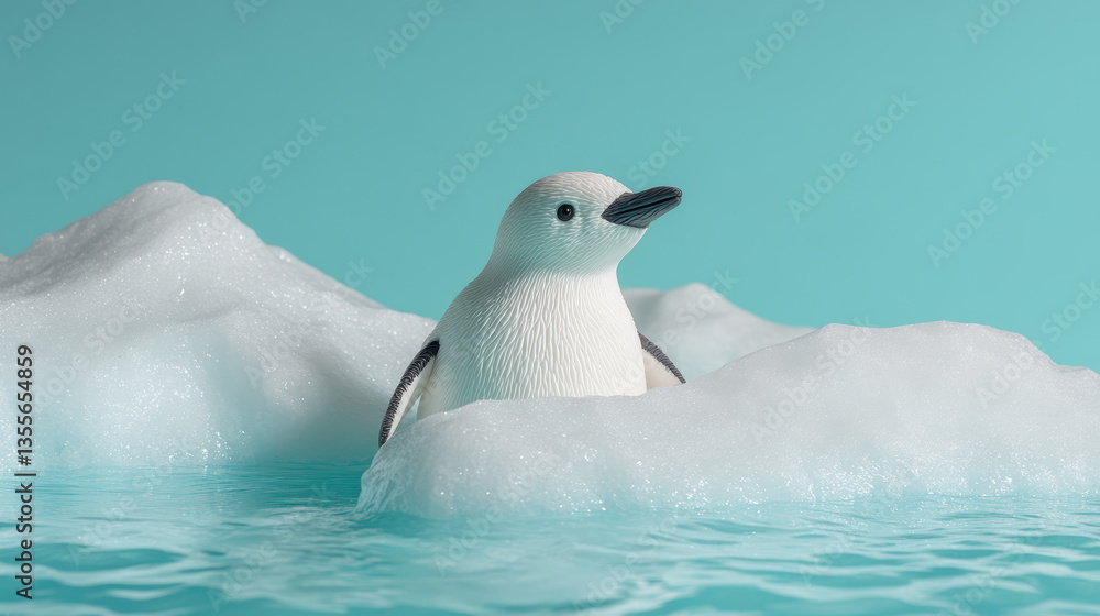 Naklejka premium Adorable penguin figurine on blue iceberg background