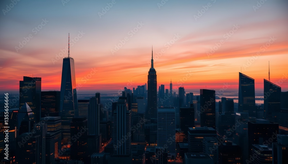 Fototapeta premium Sleek city skyline at dusk, perfect for business presentations, development, illuminated