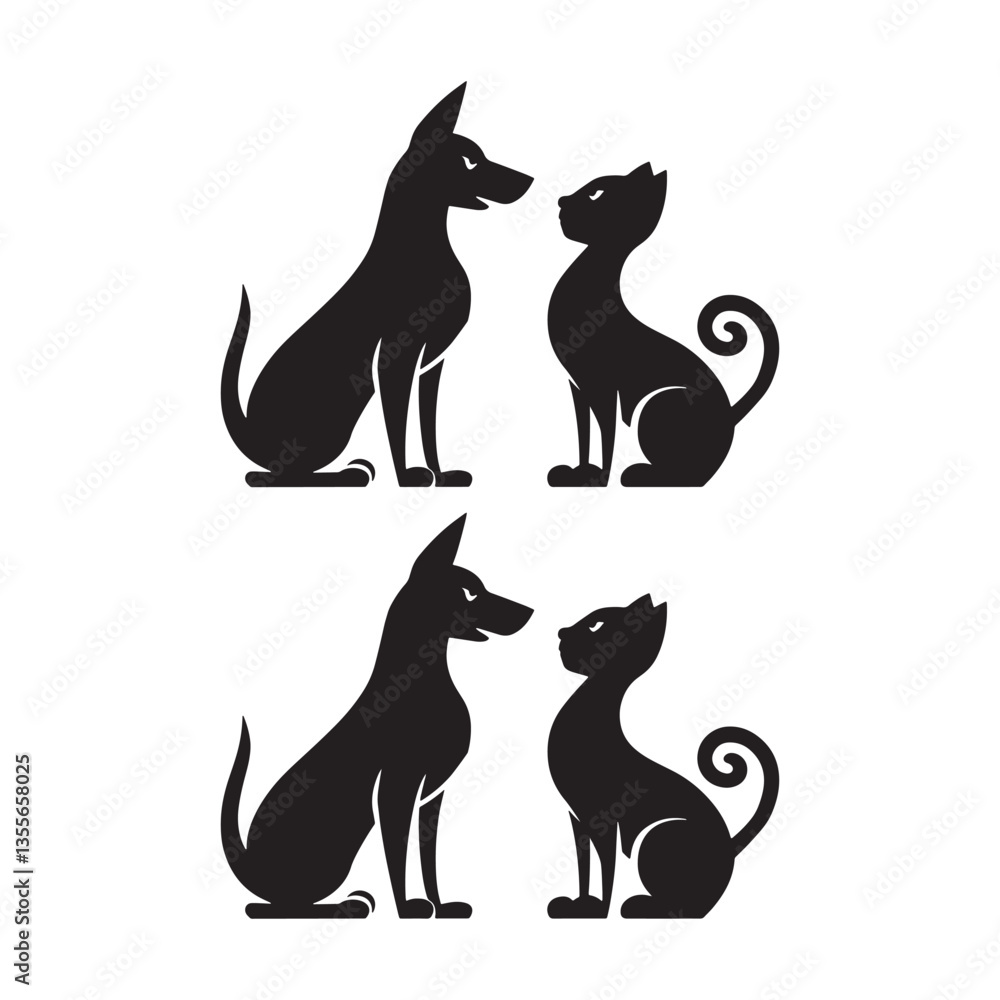 Black and white cat and dog silhouette illustration cute design Black and white cat and dog silhouette illustration cute design