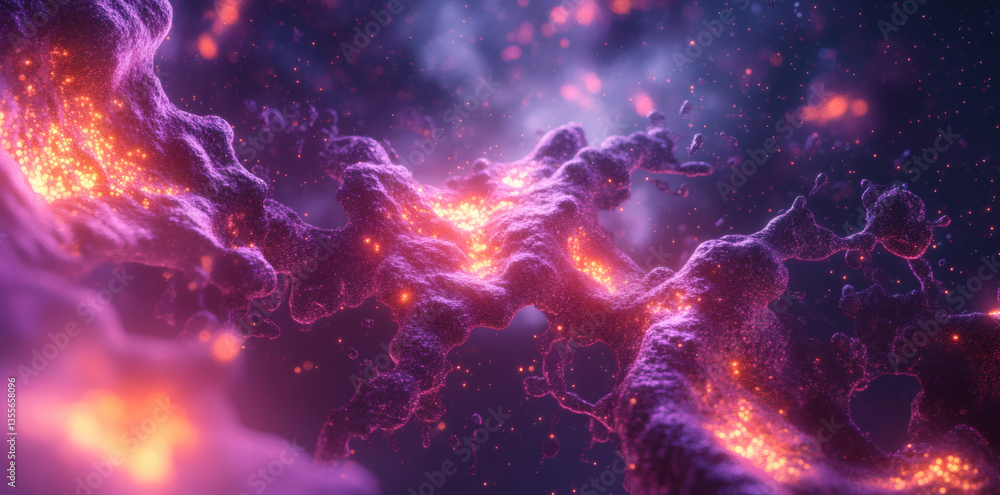 Fototapeta premium Dramatic Abstract Nebula with Swirling Clouds in Deep Space Featuring Vibrant Orange and Purple Hues Enhanced by Glowing Particles and Complex Textures