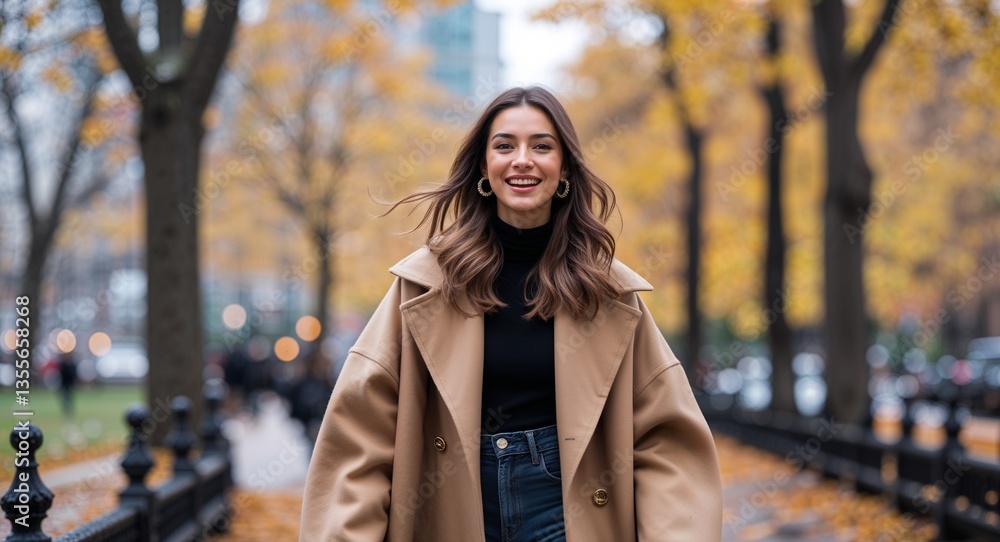 Fototapeta premium Smiling young woman in oversized coat walking in city park autumn urban chic photography model
