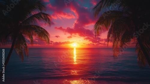 Tropical sunset beach scene with palm trees