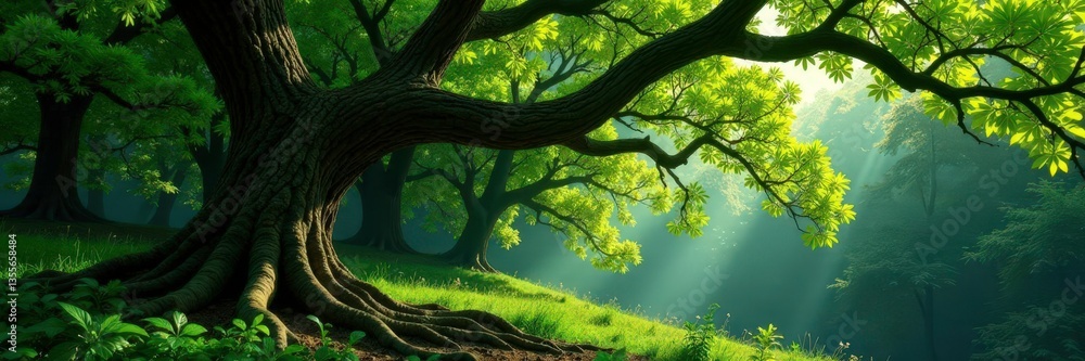 Naklejka premium Twisted branches stretch from isolated tree trunk, greenery, forest