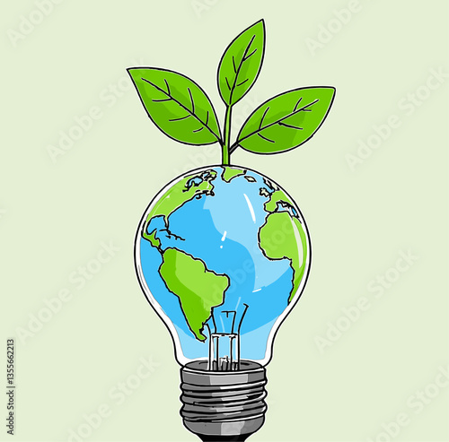 A light bulb containing the Earth and a sprouting plant represents sustainable ideas for the planet