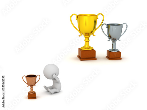 Sad 3D Character with a small Bronze Trophy