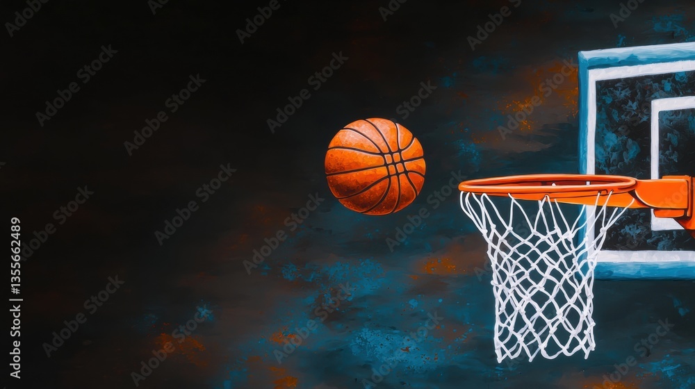 Basketball ball approaching hoop against a dark backdrop. Basketball ball approaching hoop against a dark backdrop.
