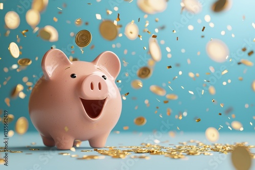 Piggy bank surrounded by falling coins & confetti. Concept of savings, money, financial luck, wealth, and happy investments against blue background