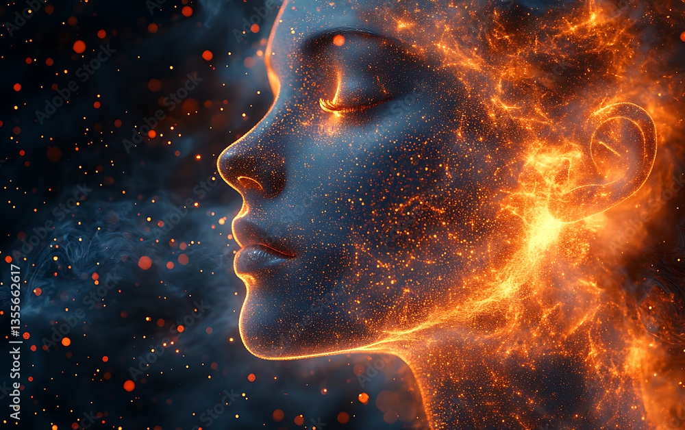 Woman's Profile with Fiery Light and Cosmic Glow Surrounding Her Face Woman's Profile with Fiery Light and Cosmic Glow Surrounding Her Face