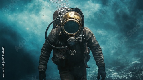 Vintage Diver Ascends from the Depths: A Dramatic Underwater Portrait