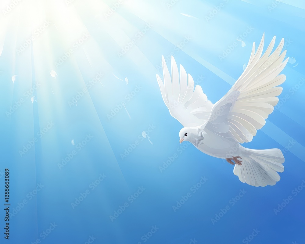 Fototapeta premium Dove soars in sunlit blue sky. Peaceful bird flies gracefully against serene backdrop