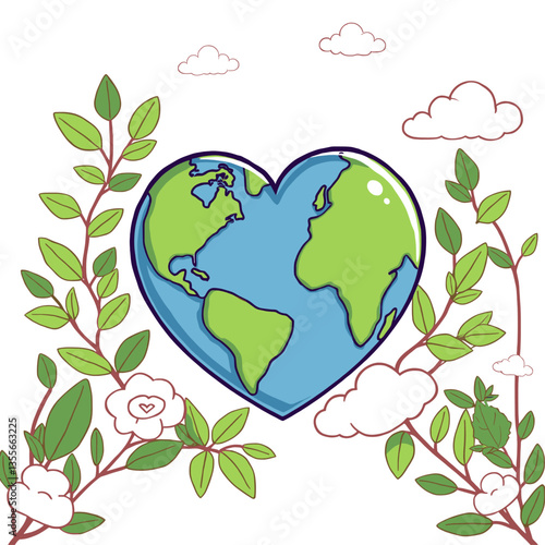 A beautiful illustration showing Earth in the shape of a heart, symbolizing care for our environment