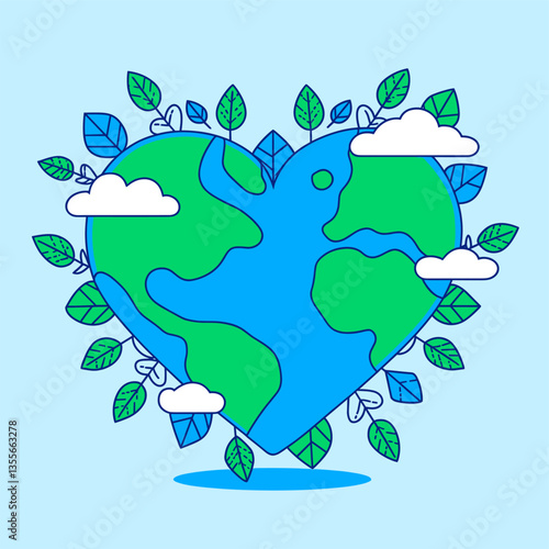 A heart-shaped Earth surrounded by leaves and clouds symbolizes care for the environment.