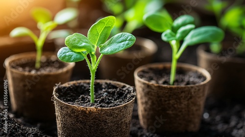 Young Seedlings Growing in Peat Pots, Close-Up View