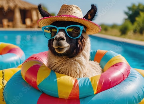 llama wearing sunglasses and summer hat sitting on inflatable ring, enjoying summer vacation on vibrant plain background (3)