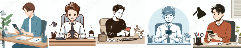 young man using smartphone at office desk young man using smartphone at office desk