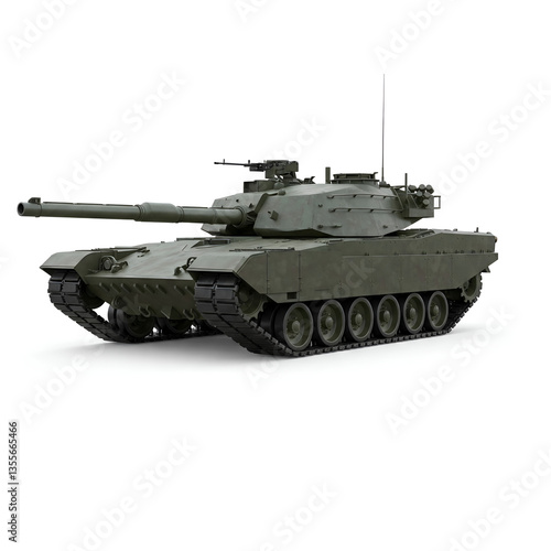 An army green self-propelled artillery mount tank on tracks with a close-up view of the front side of the cannon, isolated on a white background