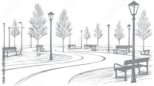 A serene park scene with trees, benches, and streetlights along a winding pathway hand-drawn