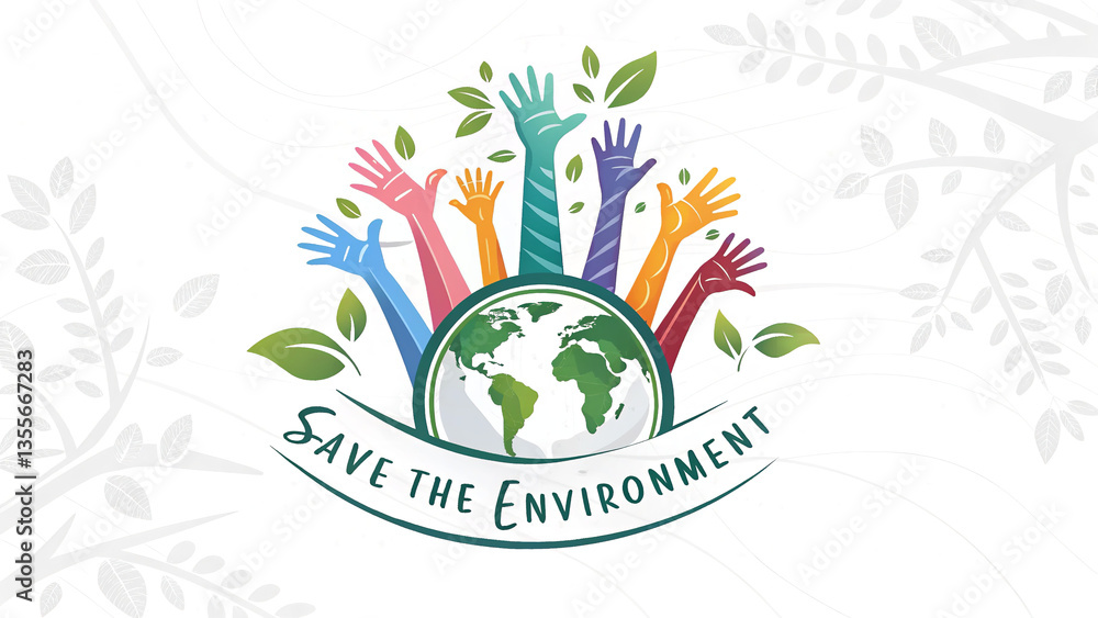 Illustration of globe with hands and leaves promoting save the environment message on white background Illustration of globe with hands and leaves promoting save the environment message on white background