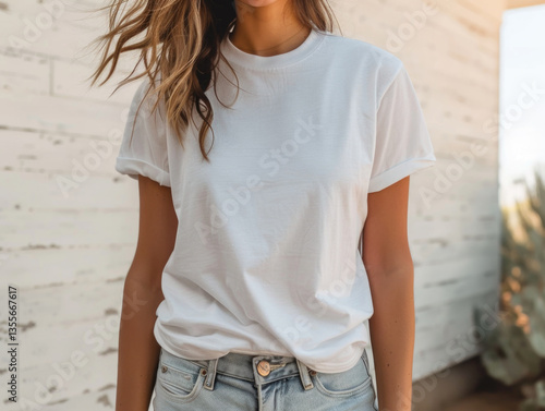 Mockup of a plain cream oversized t-shirt worn by a woman outdoors