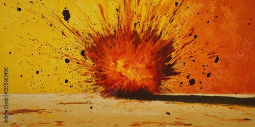 Explosion Art Vivid explosion of orange hues against yellow backdrop, conveying chaos and energy on a horizontal plane
