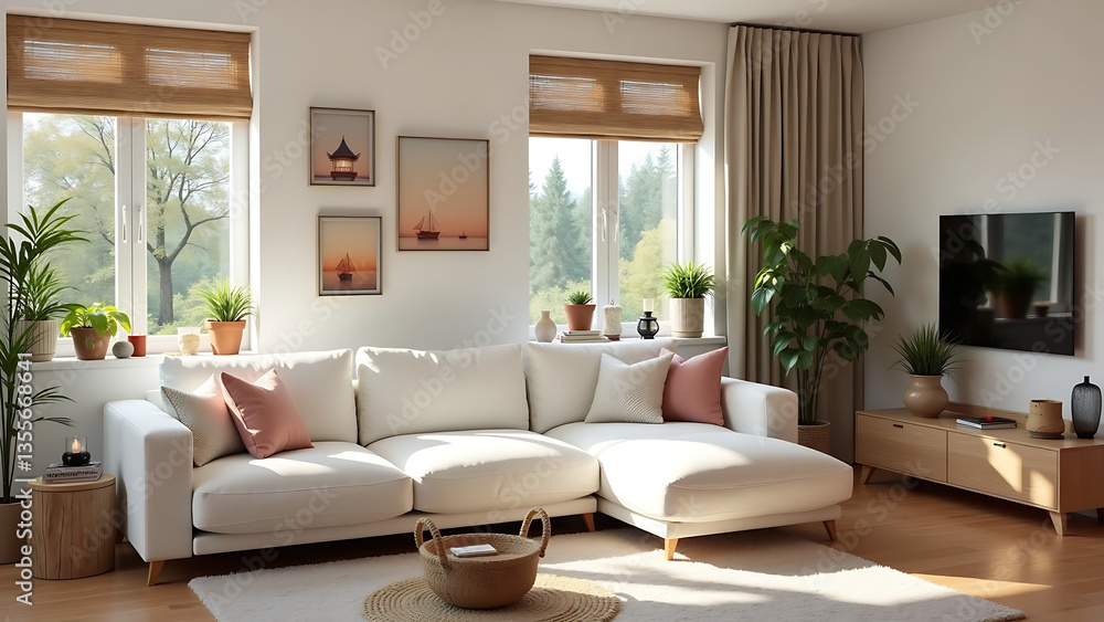 Fototapeta premium Modern and Inviting Living Room Interior with Modular White Sofa, Wooden Furniture, Artistic Decor, and Cozy Personal Touches