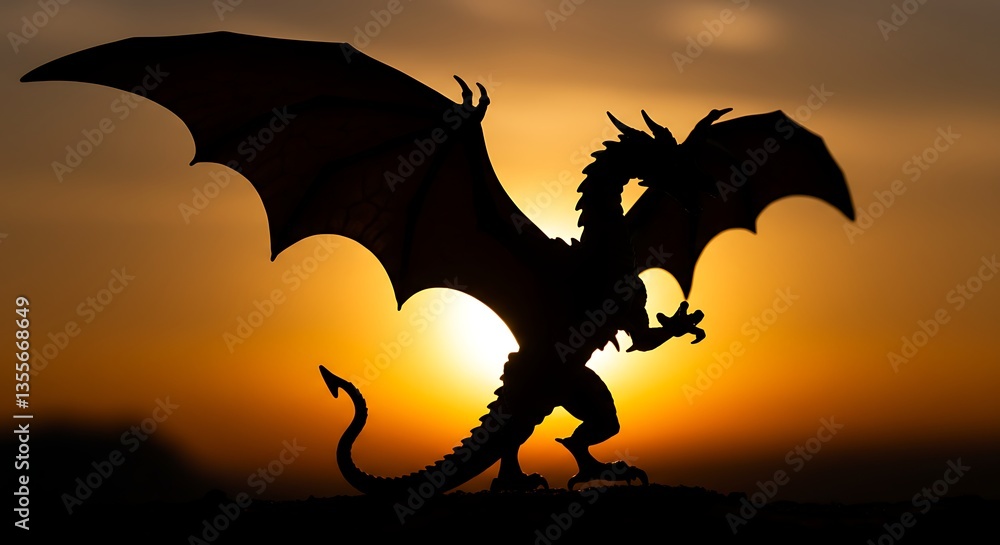 Fototapeta premium Dragon Silhouette at Sunset Fantasy Image of Mythical Creature
