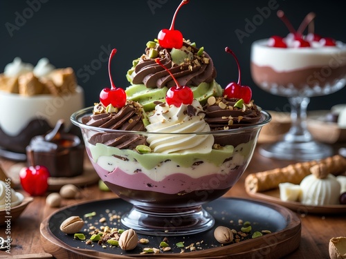 The Distinct Charm of Spumoni: A Classic Italian Frozen Treat Featuring Vibrant Layers of Pistachio, Chocolate, and Cherry Gelato, Infused with Nuts and Fruits for a Unique Flavor Experience
