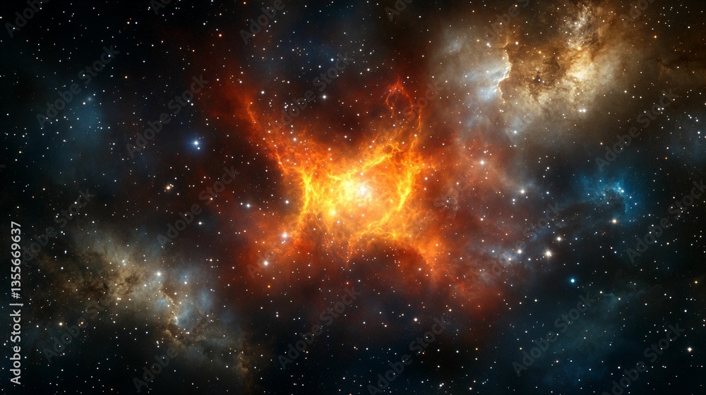 Naklejka premium Fiery Nebula in Deep Space with Stars and Cosmic Dust Formation