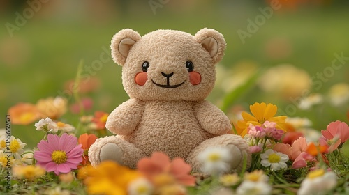 Teddy bear in a flower garden